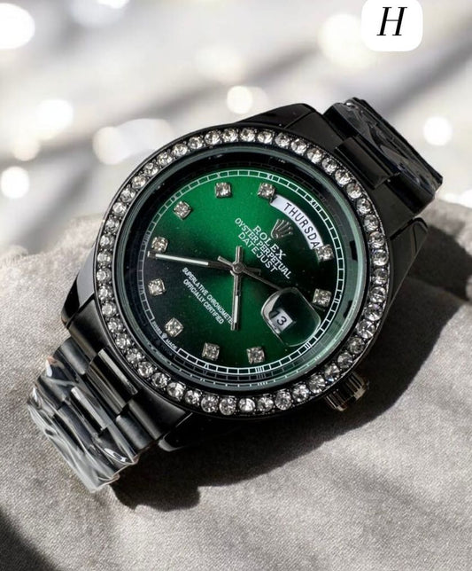 Premium Two-Tone Emerald Green Dial Watch – Gold Fluted Diamond Bezel & Jubilee Bracelet